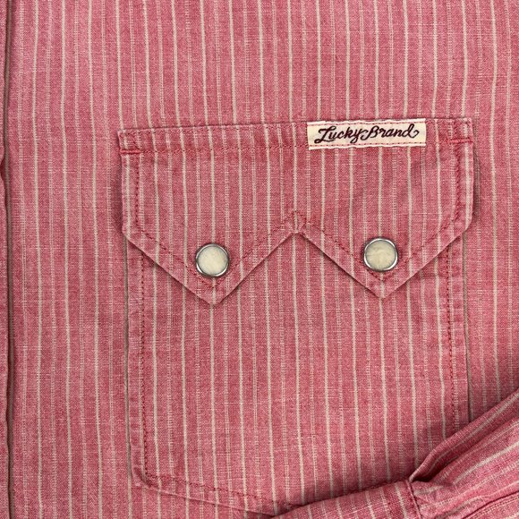 Lucky Brand Western Pearl Snap Shirt Mens M Pink Stripe Sawtooth Pocket Cowboy - Picture 5 of 11